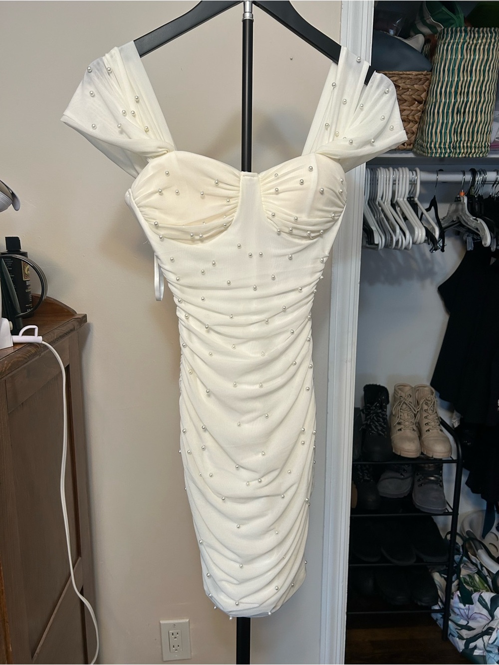 Windsor Ivory Pearl-Embellished Ruched Mini Dress